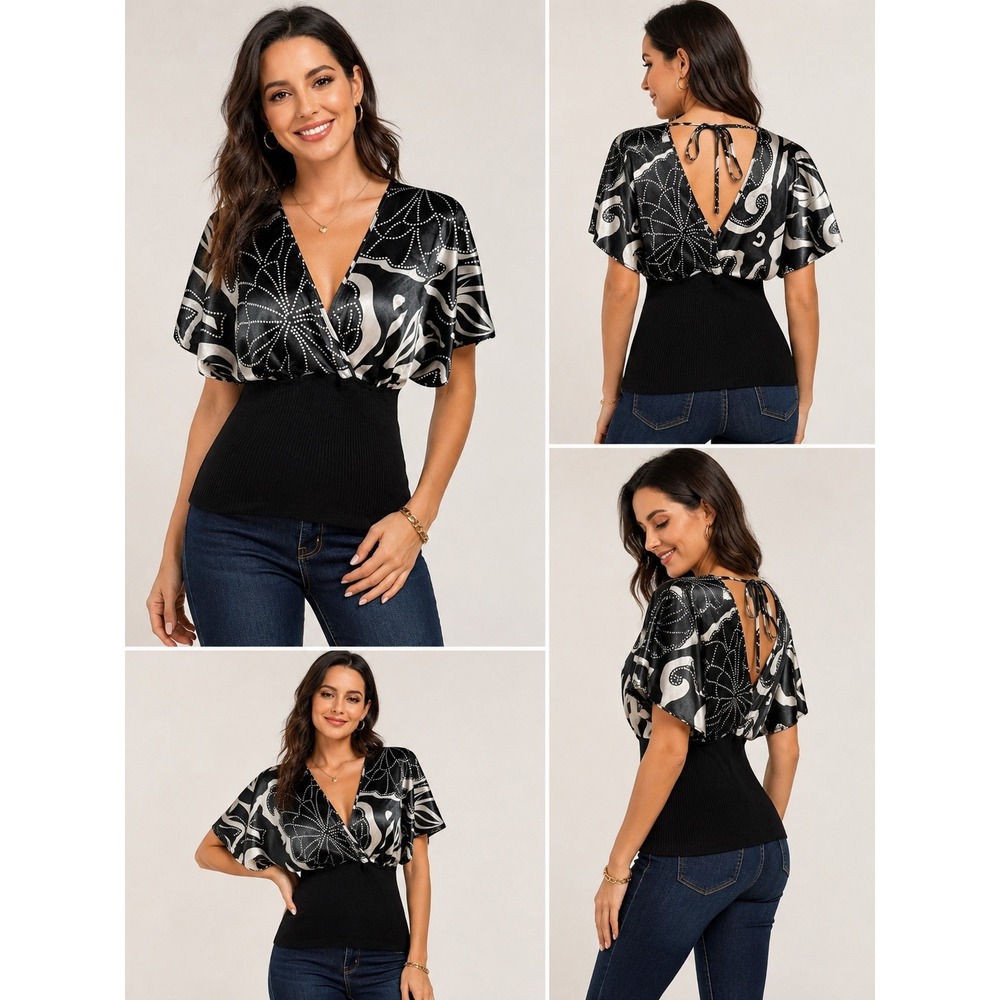 Cool Attitudes Blouse Womens‎ M Black Ivory Satin Floral Ribbed Surplice Top